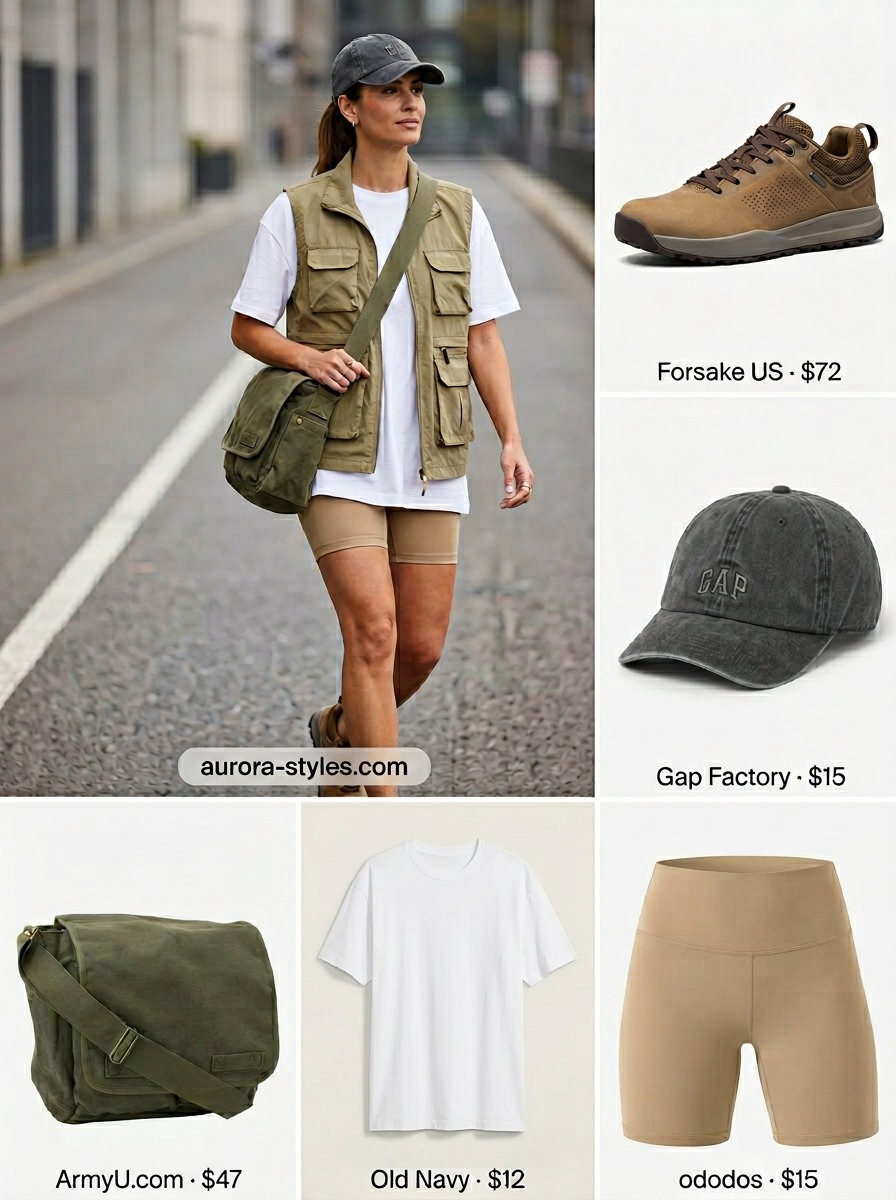 Weekend athleisure biker shorts outfits summer for women 2026: utility vest, oversized tee, biker shorts, and hiking sneakers.