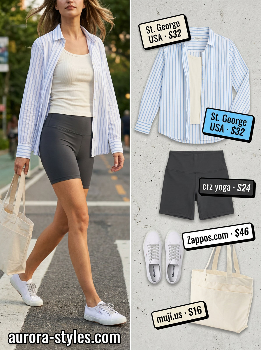 Chic athleisure biker shorts outfits summer for women 2026: charcoal shorts, striped shirt, canvas sneakers, tote bag.