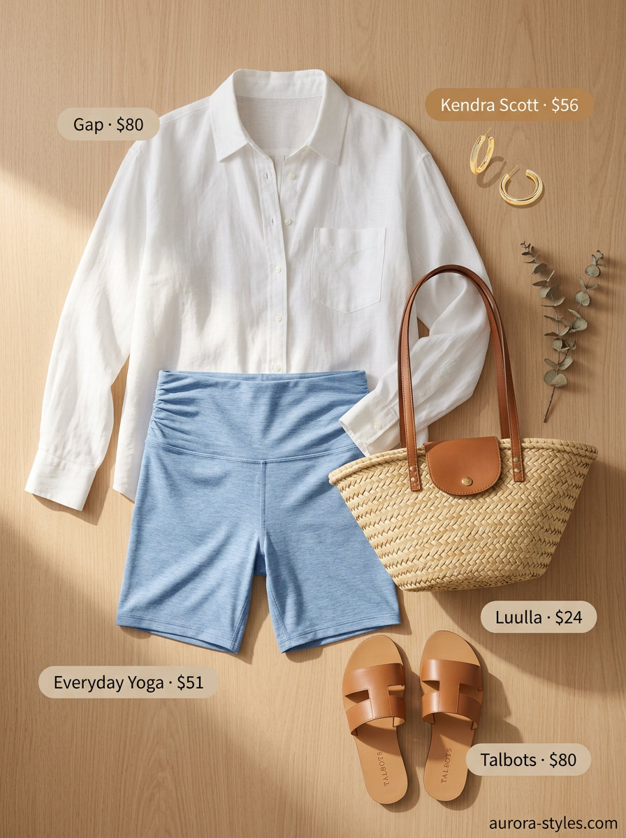 Coastal athleisure biker shorts outfits summer for women 2026: blue shorts, white linen shirt, tan sandals, straw tote.