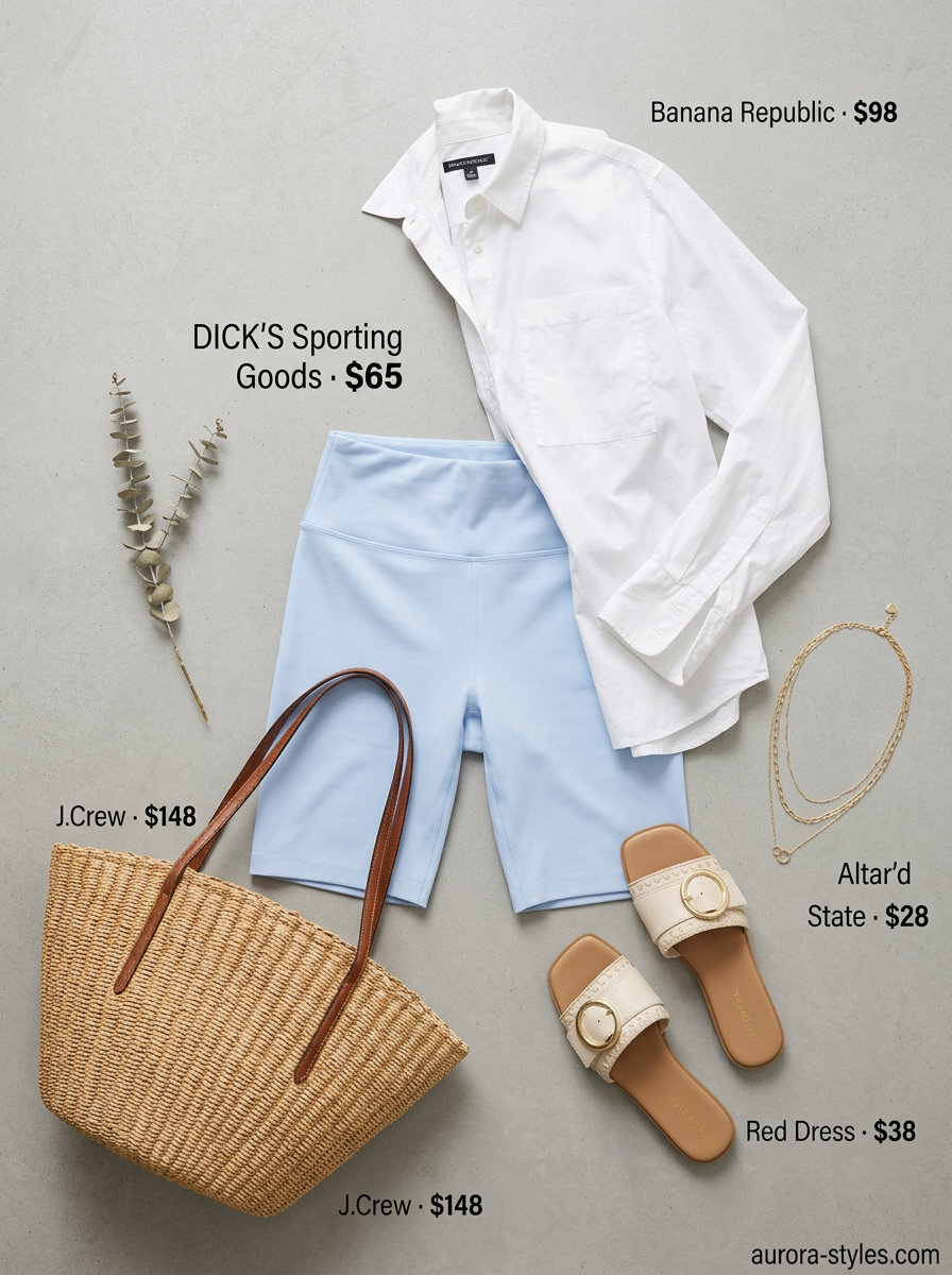 Coastal athleisure biker shorts outfits summer for women 2026 with oversized shirt, slides, and straw tote.