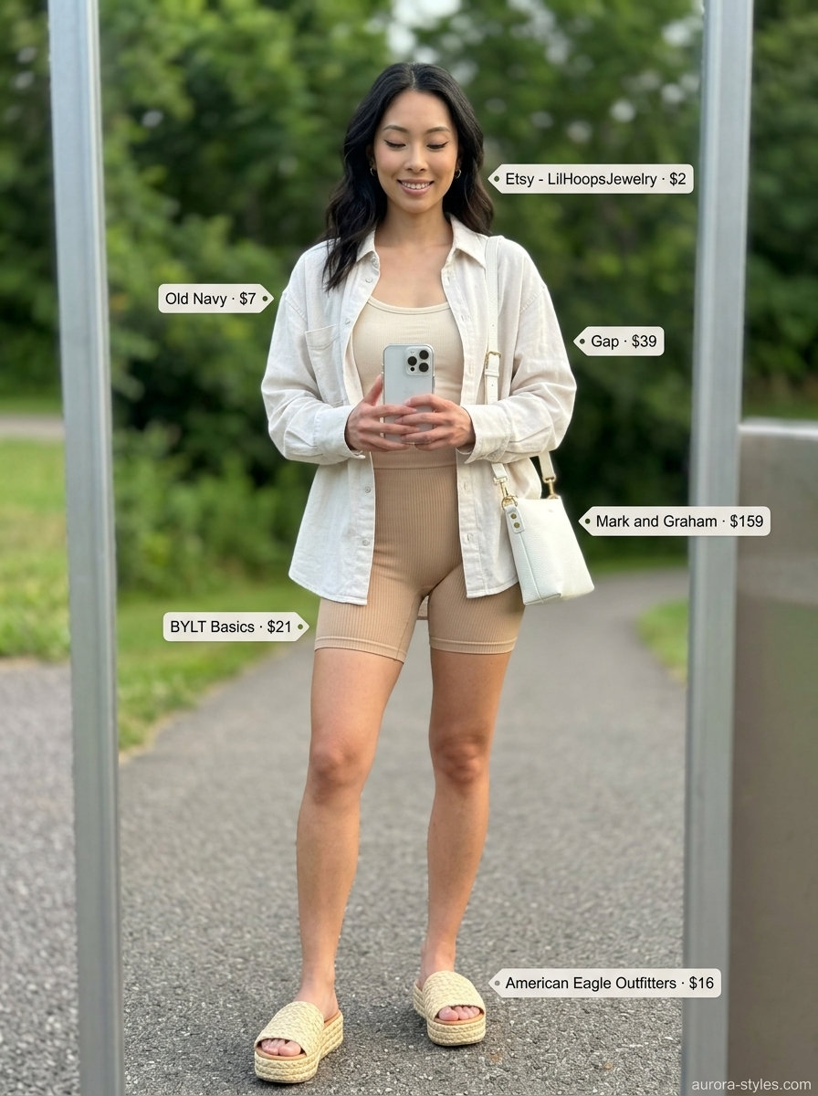 Minimalist athleisure biker shorts outfits summer for women 2026: beige shorts, cream shirt, beige tank, espadrilles.