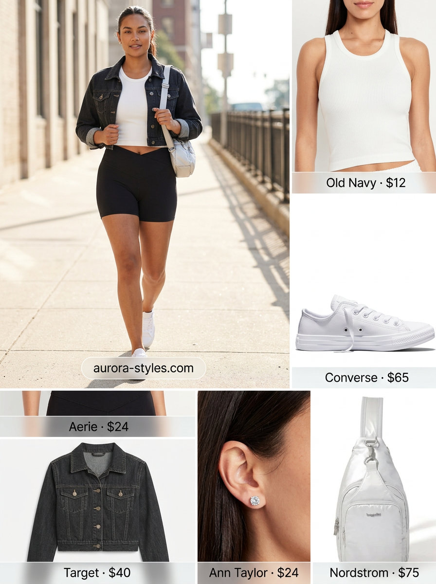 Modern athleisure biker shorts outfits summer for women 2026: black shorts, white tank, denim jacket, silver bag.