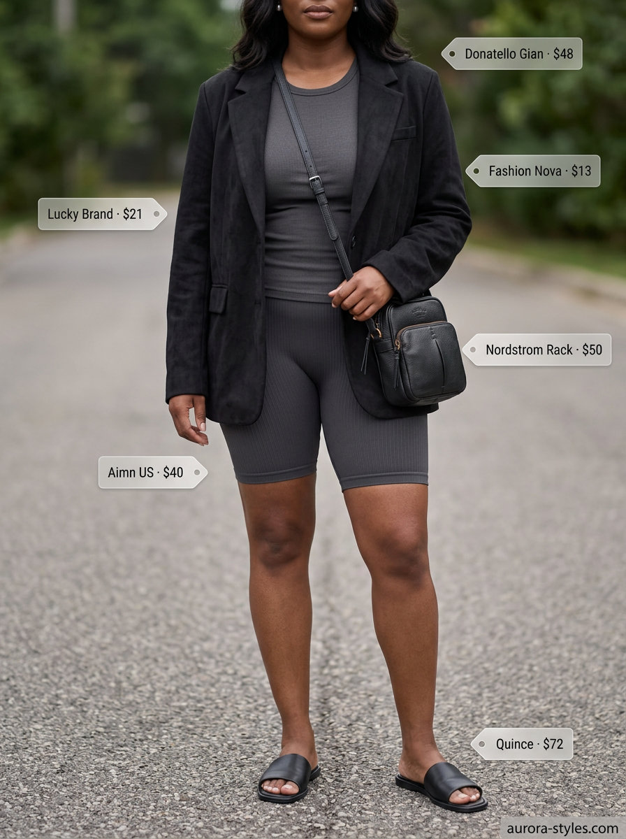 Monochrome athleisure biker shorts outfits summer for women 2026 with blazer, ribbed tank, and leather slides.