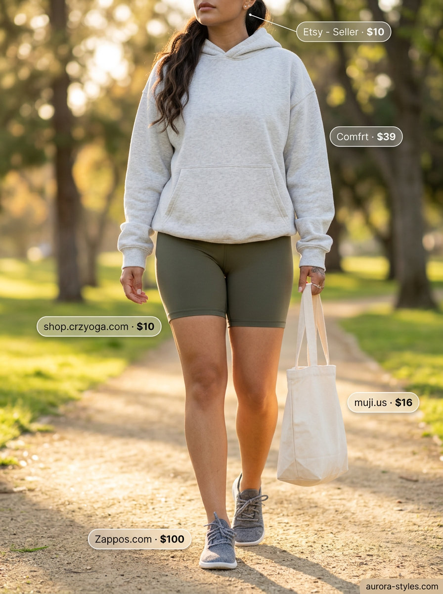 Olive green athleisure biker shorts outfits summer for women 2026 with hoodie and sneakers for active recovery.