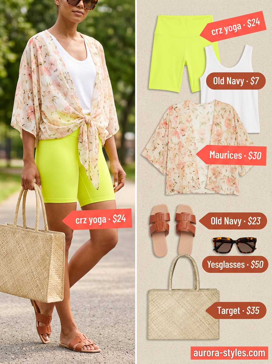 Poolside athleisure biker shorts outfits summer for women 2026: yellow shorts, white tank, floral kimono, straw tote.