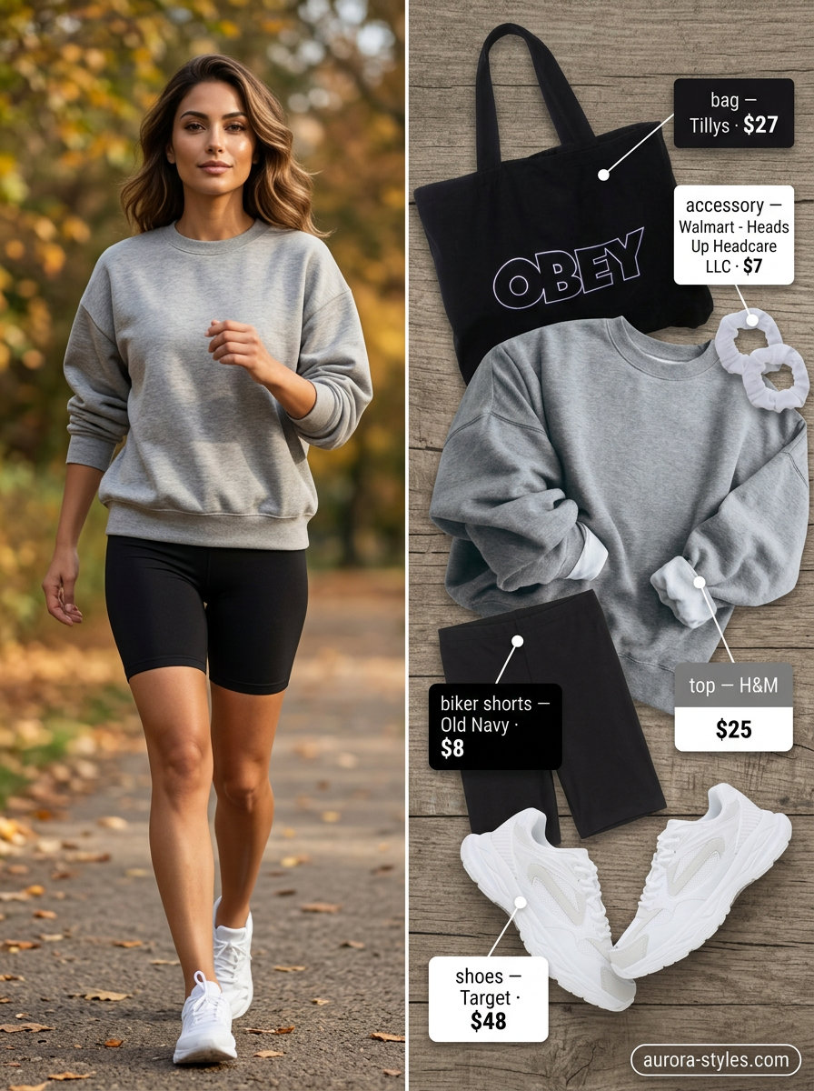 Retro athleisure biker shorts outfits summer for women 2026: black shorts, grey sweatshirt, white chunky sneakers.
