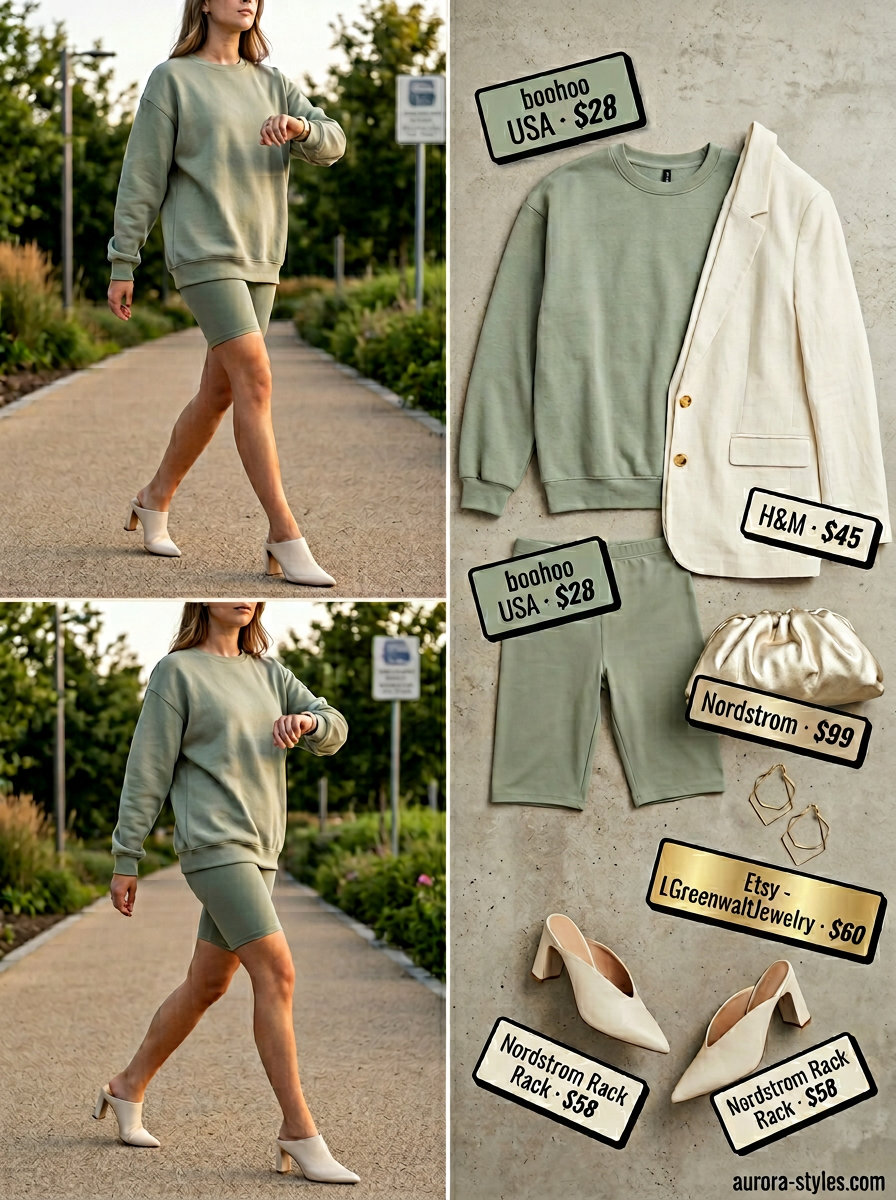 Sage green athleisure biker shorts outfits summer for women 2026 co-ord with linen blazer and mules.
