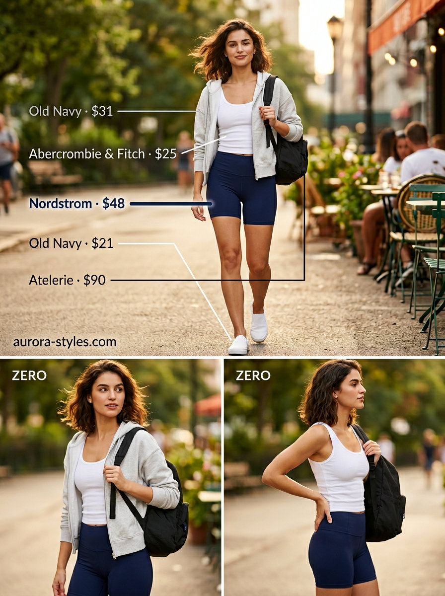 Sporty athleisure biker shorts outfits summer for women 2026: navy shorts, white sneakers, grey hoodie, white tank.