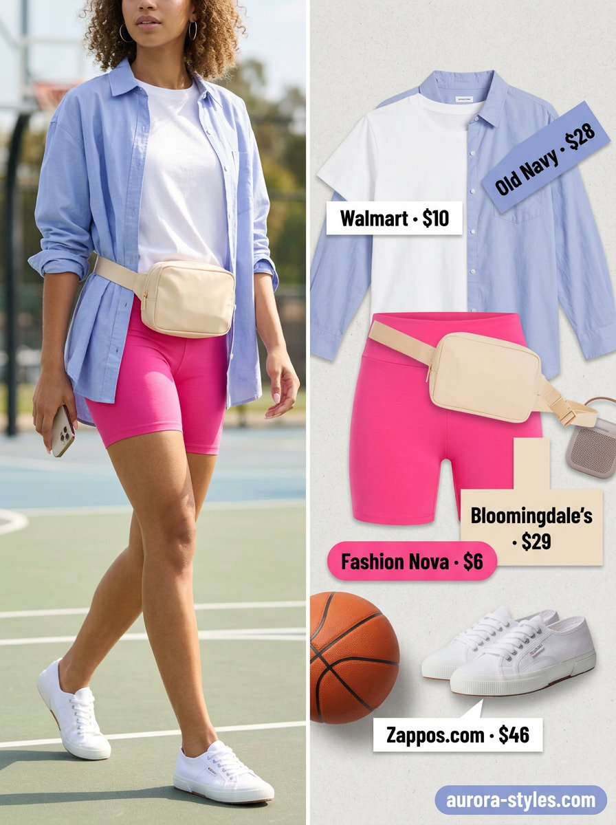 Sporty athleisure biker shorts outfits summer for women 2026: pink shorts, white tee, blue shirt, beige belt bag.