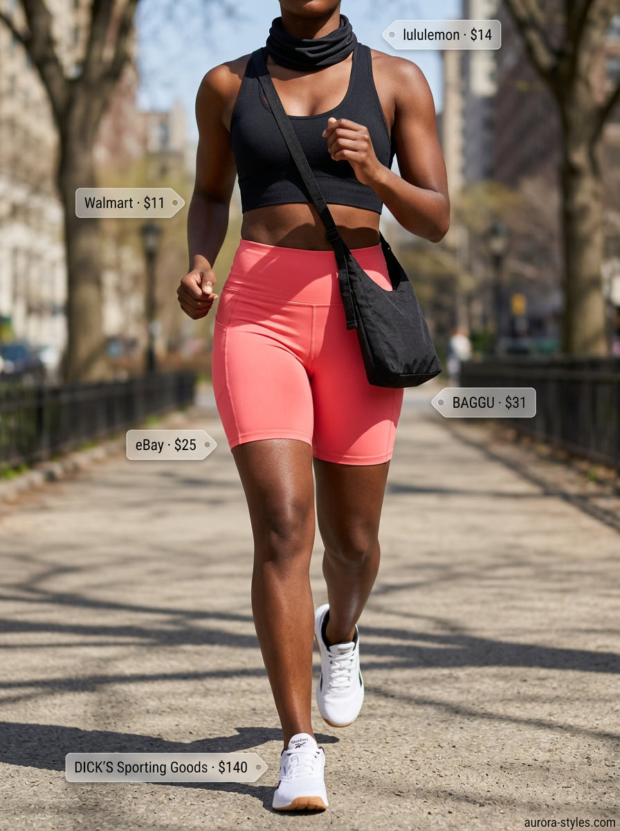 High-compression coral pink biker shorts outfits summer for women 2026 for HIIT workouts with sports bra and mesh tank.