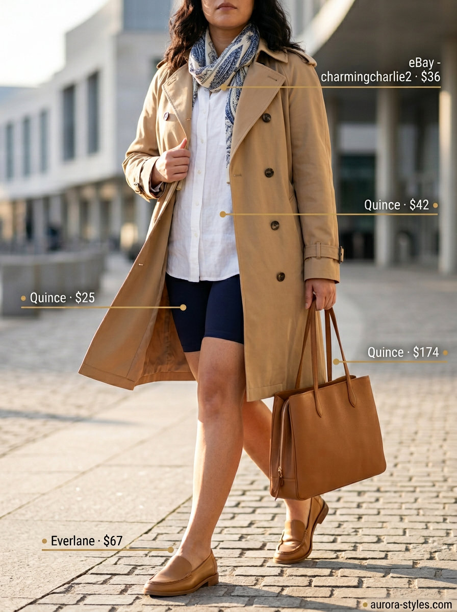 Chic athleisure biker shorts outfits summer for women 2026: navy shorts, white shirt, beige trench coat, tan loafers for travel.
