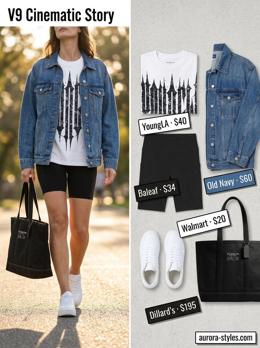 Edgy athleisure biker shorts outfits summer for women 2026: Black biker shorts, oversized graphic tee, denim jacket, platform sneakers.