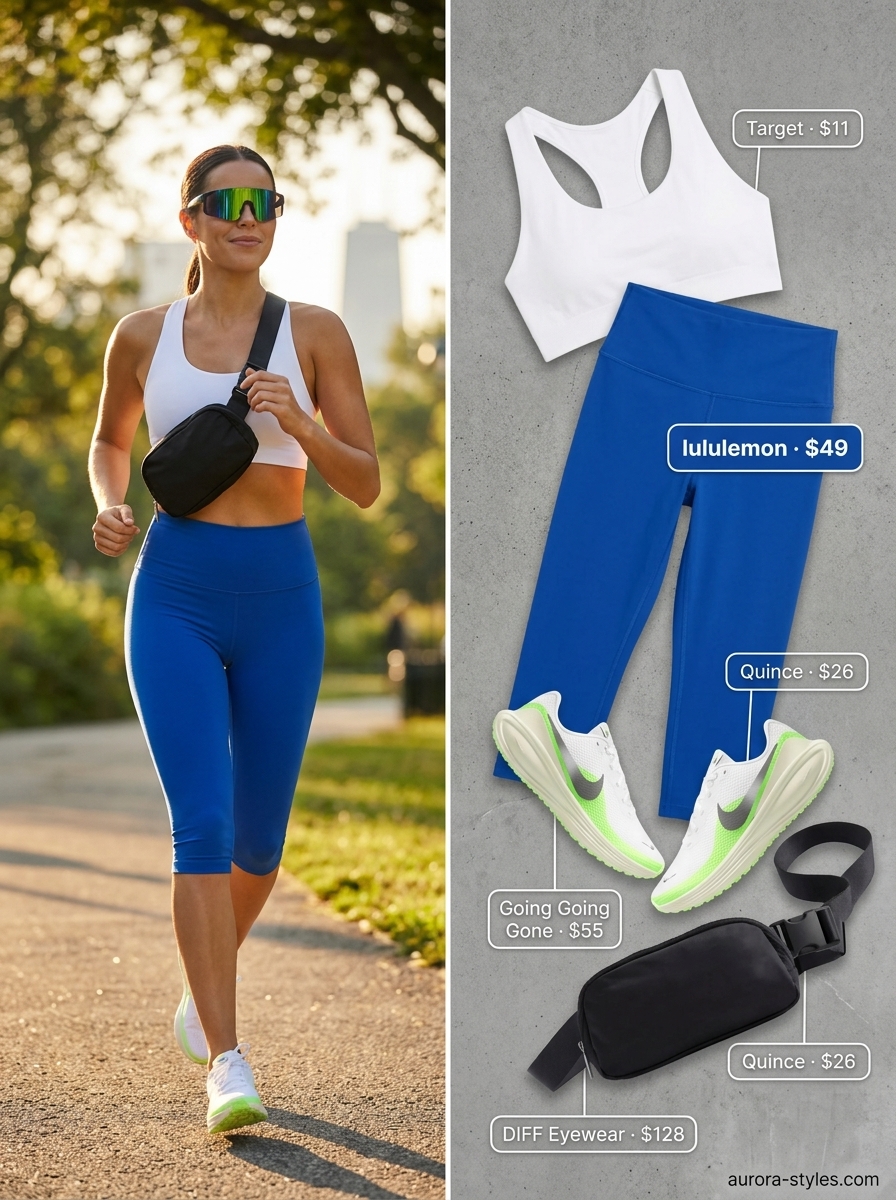 Athleisure legging outfits summer for women 2026: Cobalt blue capri leggings, white sports bra, and neon green running shoes.