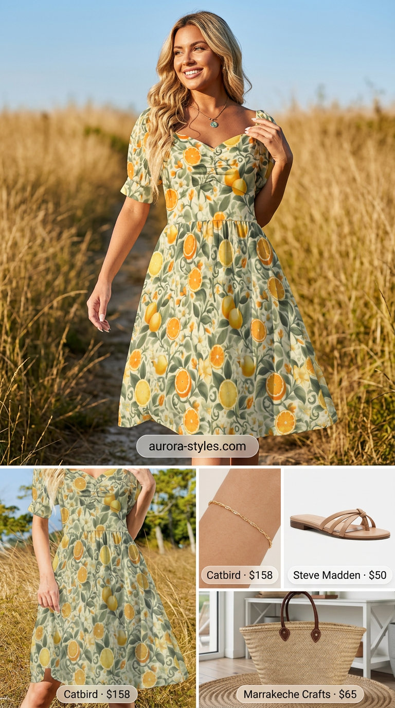 Best Summer outfits for Apple figure summer Shape 2026: Citrus print sundress, flat sandals, straw tote for cheerful brunch.