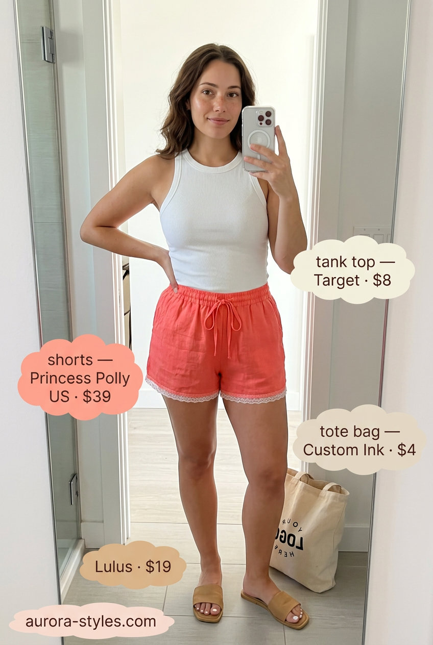 Best Summer outfits for Apple figure summer Shape 2026: Coral linen shorts, white tank, straw hat for a relaxed beach day.