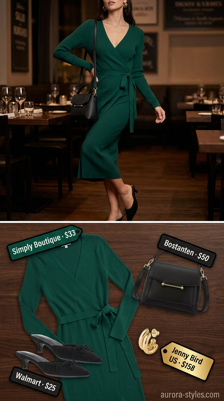 Best Summer outfits for Apple figure summer Shape 2026: Emerald green knit midi dress, black mules, statement earrings for dinner.