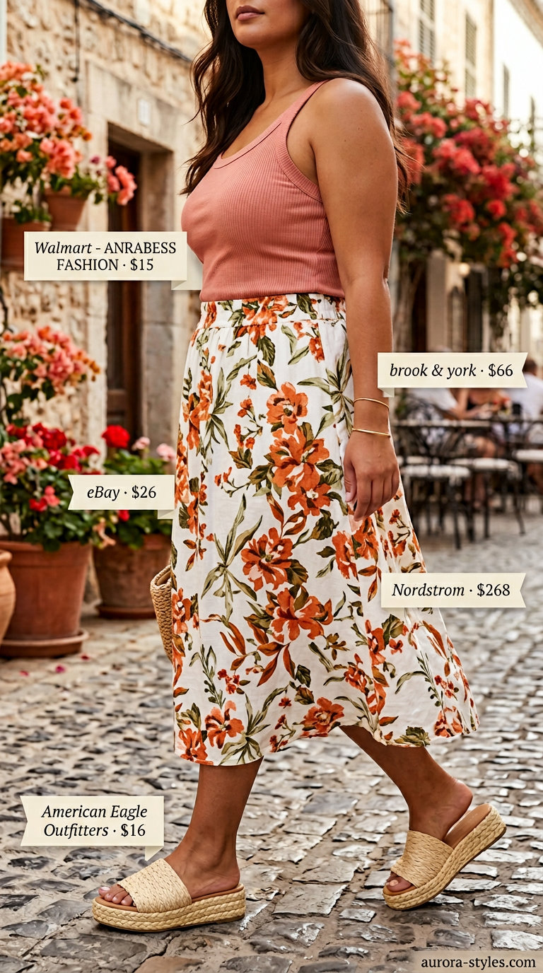 Best Summer outfits for Apple figure summer Shape 2026: Floral midi skirt, coral tank, espadrilles for a playful summer picnic.
