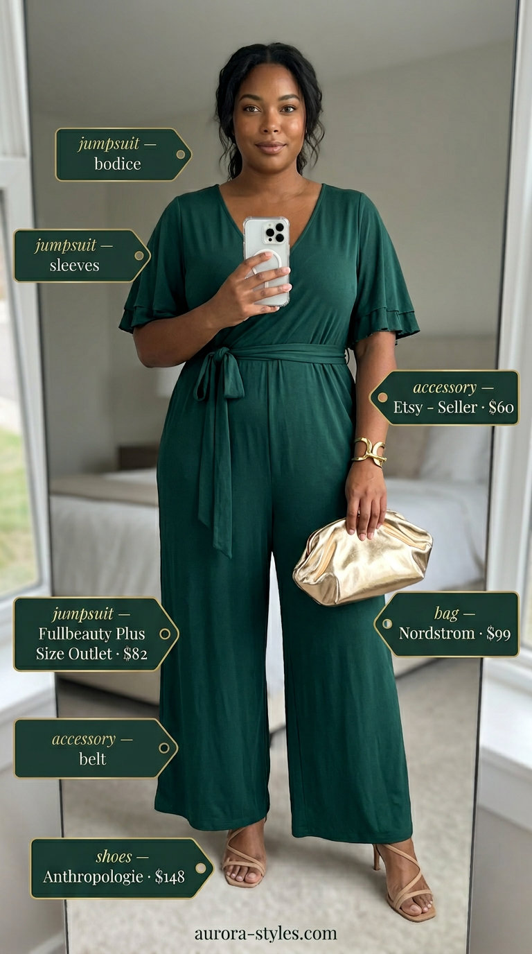 Best Summer outfits for Apple figure summer Shape 2026: Forest green wide-leg jumpsuit, heeled sandals, gold cuff, metallic clutch.
