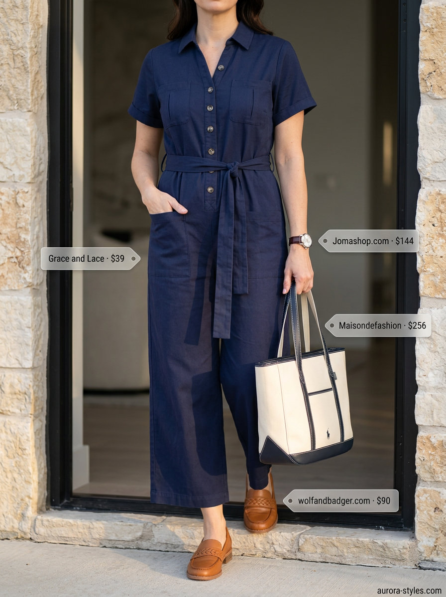 Best Summer outfits for Apple figure summer Shape 2026: Navy wide-leg jumpsuit, loafers, and structured tote.