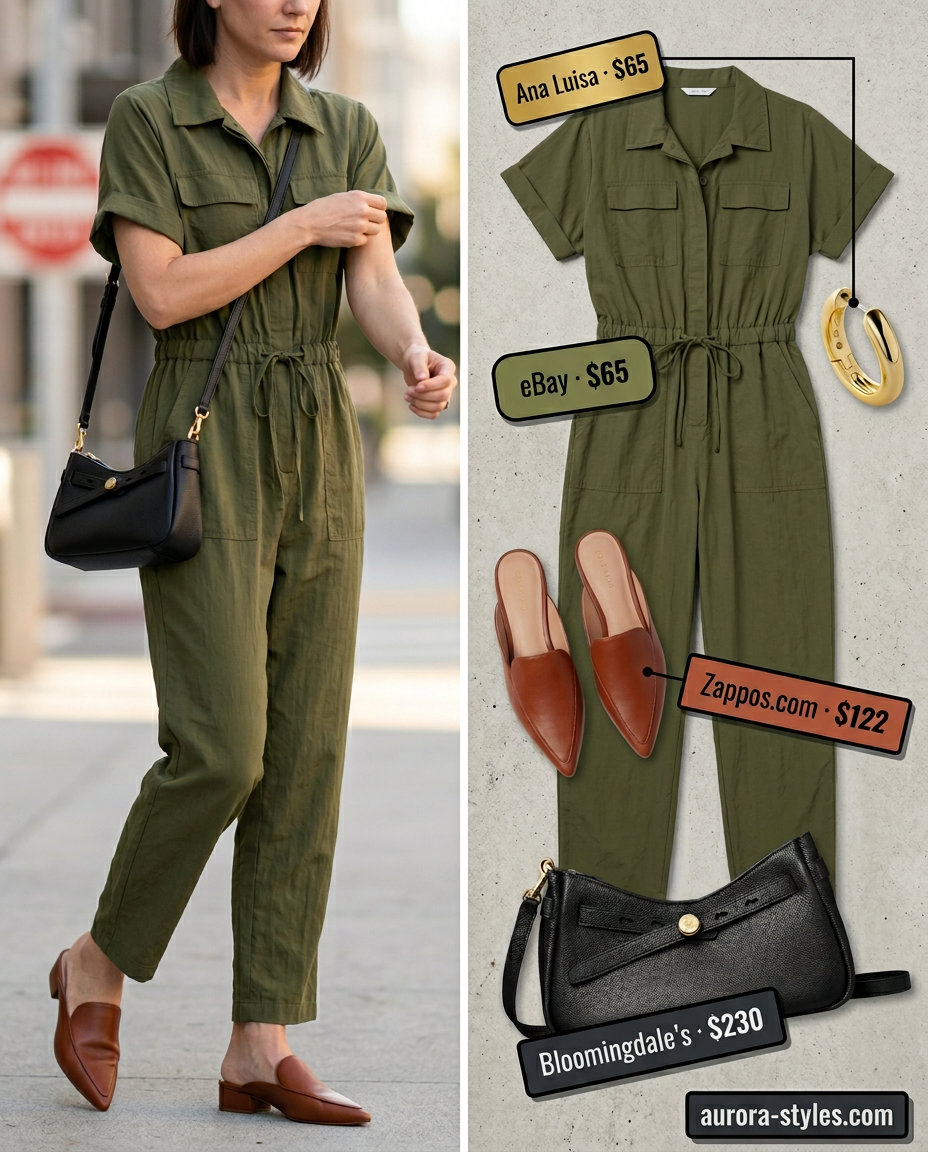 Best Summer outfits for Apple figure summer Shape 2026: Olive utility jumpsuit, mules, crossbody bag, and gold hoops.