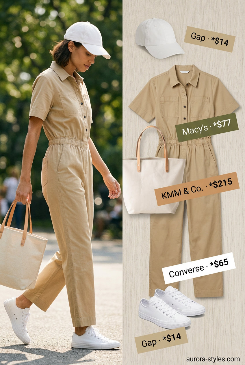 Best Summer outfits for Apple figure summer Shape 2026: Khaki utility romper, white sneakers, baseball cap for casual travel.