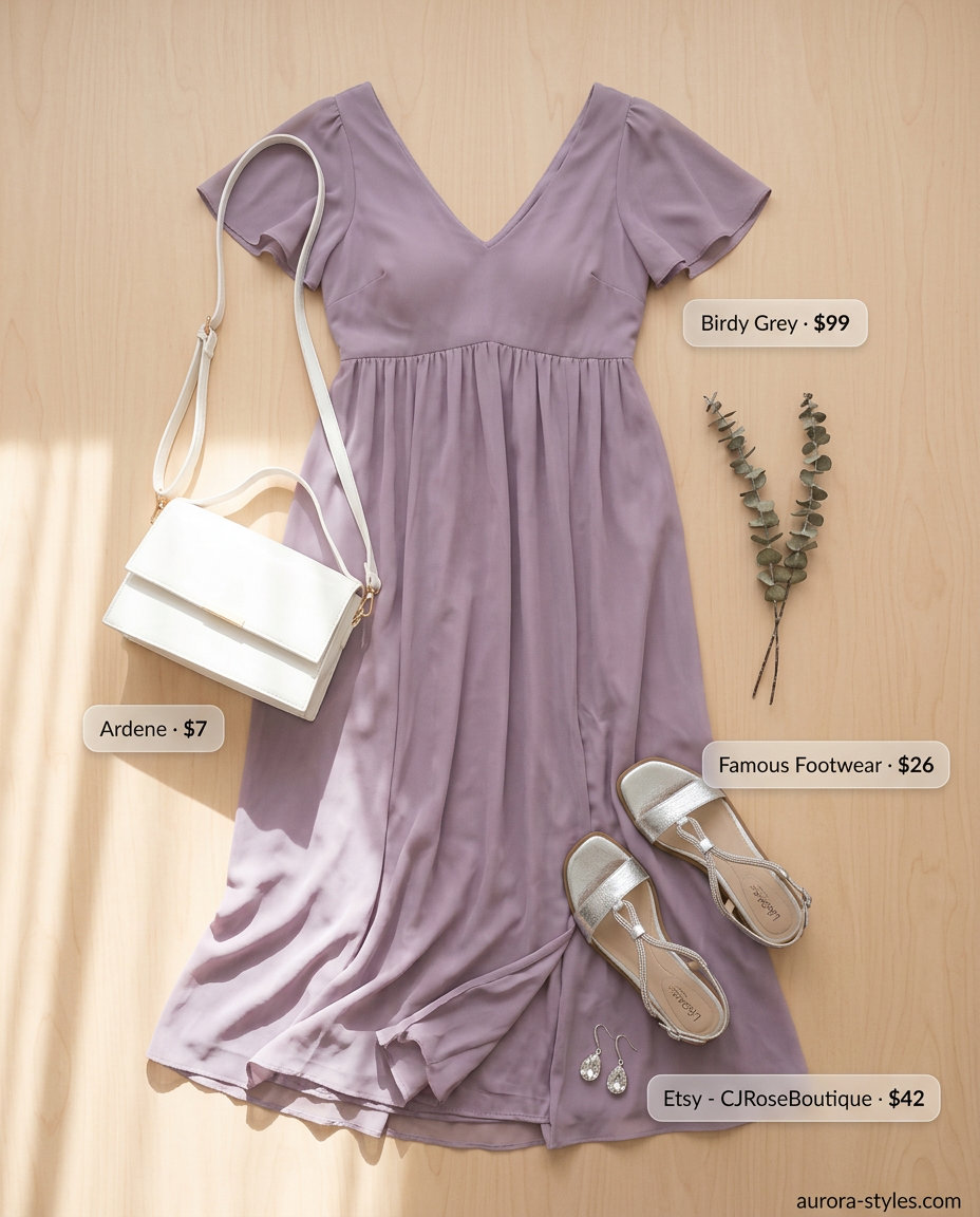 Best Summer outfits for Apple figure summer Shape 2026: Flowy lavender maxi dress, silver sandals for a serene evening stroll.