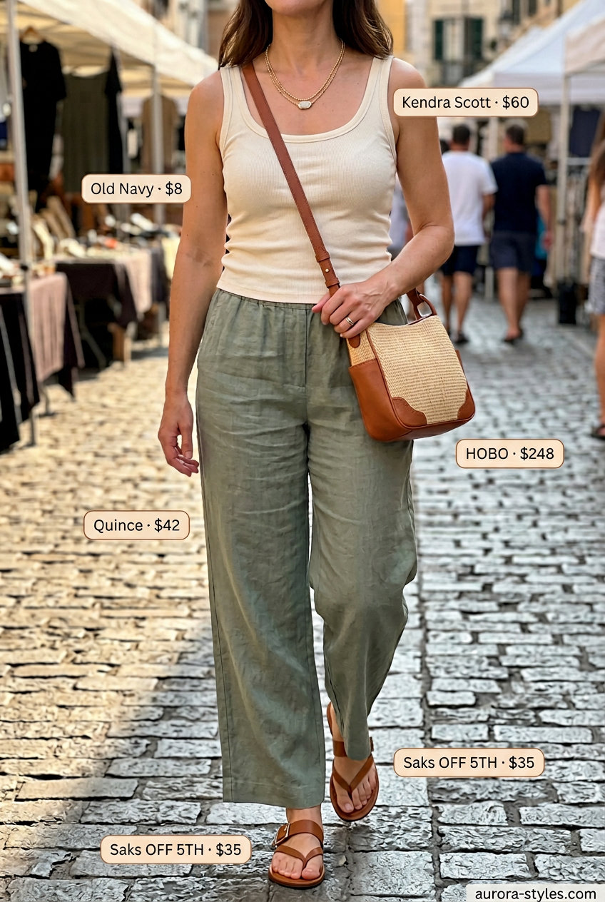 Best Summer outfits for Apple figure summer Shape 2026: Sage linen pants, cream tank, straw bag, flat sandals, gold necklaces.