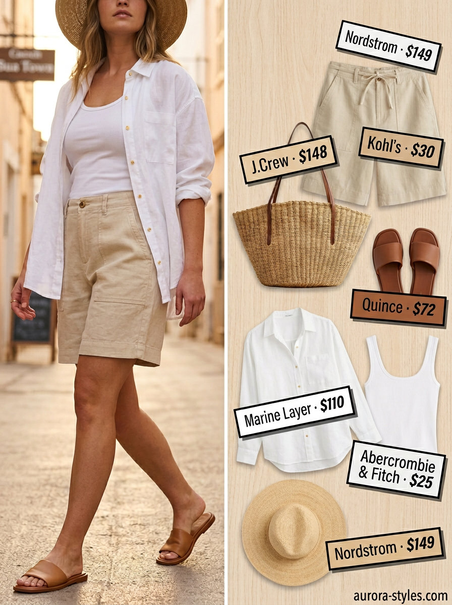Best Summer outfits for Apple figure summer Shape 2026: Linen shorts, oversized white shirt, straw hat for a relaxed coastal vibe.