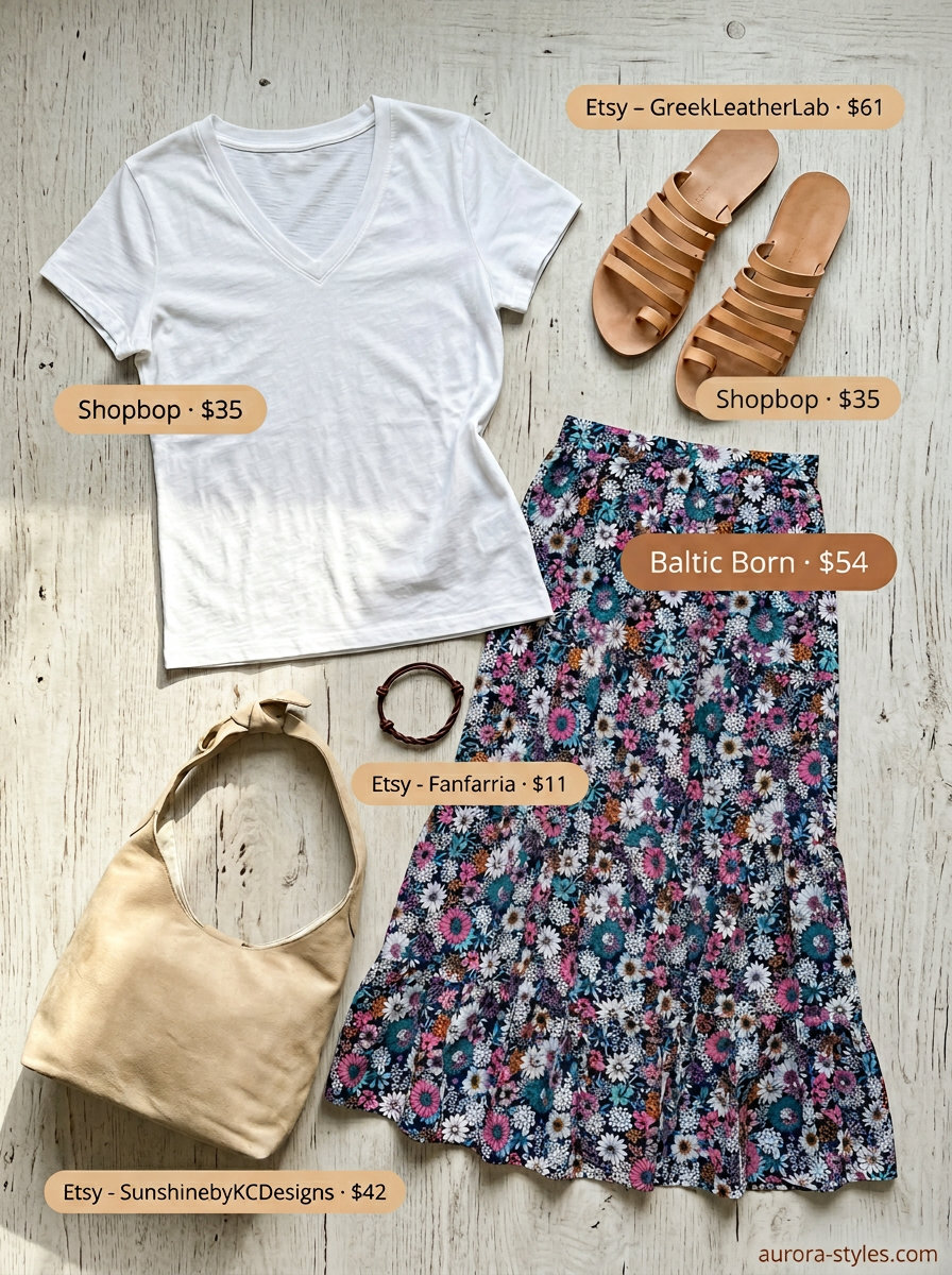 Best Summer outfits for Apple figure summer Shape 2026: Navy floral maxi skirt, white tee, slide sandals, hobo bag, leather bracelet.