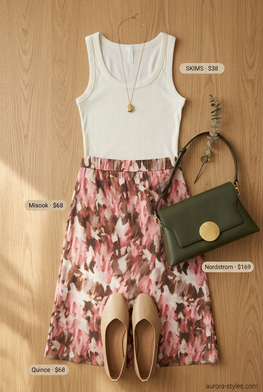 Best Summer outfits for Apple figure summer Shape 2026: Olive green midi skirt, cream tank, ballet flats for casual sightseeing.