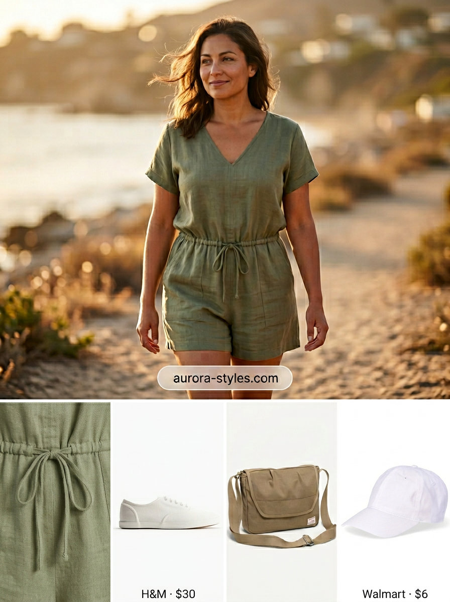 Best Summer outfits for Apple figure summer Shape 2026: Olive green linen romper, white sneakers, baseball cap for relaxed errands.