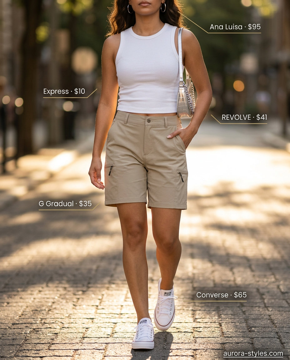 Chic khaki cargo shorts outfit for apple shape summer 2026. White knit top, silver hoops, crossbody bag, sneakers.