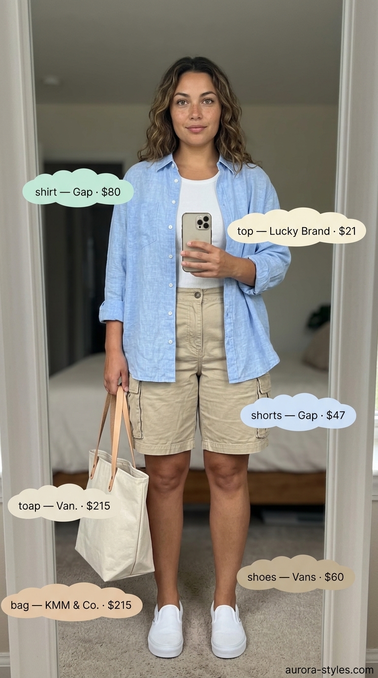 Casual khaki cargo shorts & linen shirt for apple shape summer 2026. White tank, canvas sneakers, tote bag.