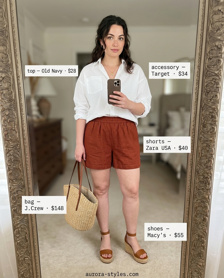 Elevated rust linen shorts outfit for apple shape summer 2026. White shirt, straw tote, espadrilles, casual Friday.