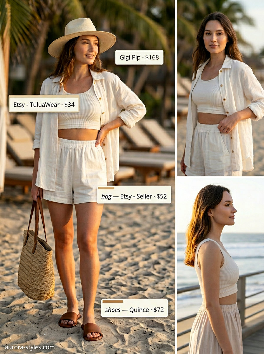 Relaxed linen shorts set for apple shape summer 2026. Natural tones, straw hat, tote, and slide sandals.
