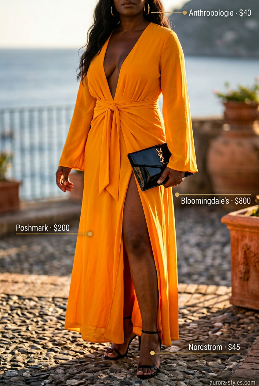 Vibrant mango orange maxi dress for apple shape summer 2026. Black heels, clutch, gold earrings, evening event.