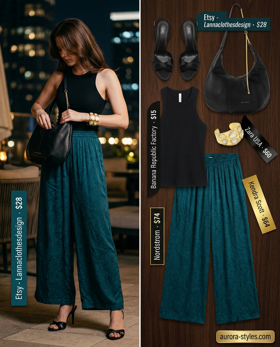 Glamorous teal palazzo pants outfit for apple shape summer 2026. Black heels, gold bracelet, statement jewelry.