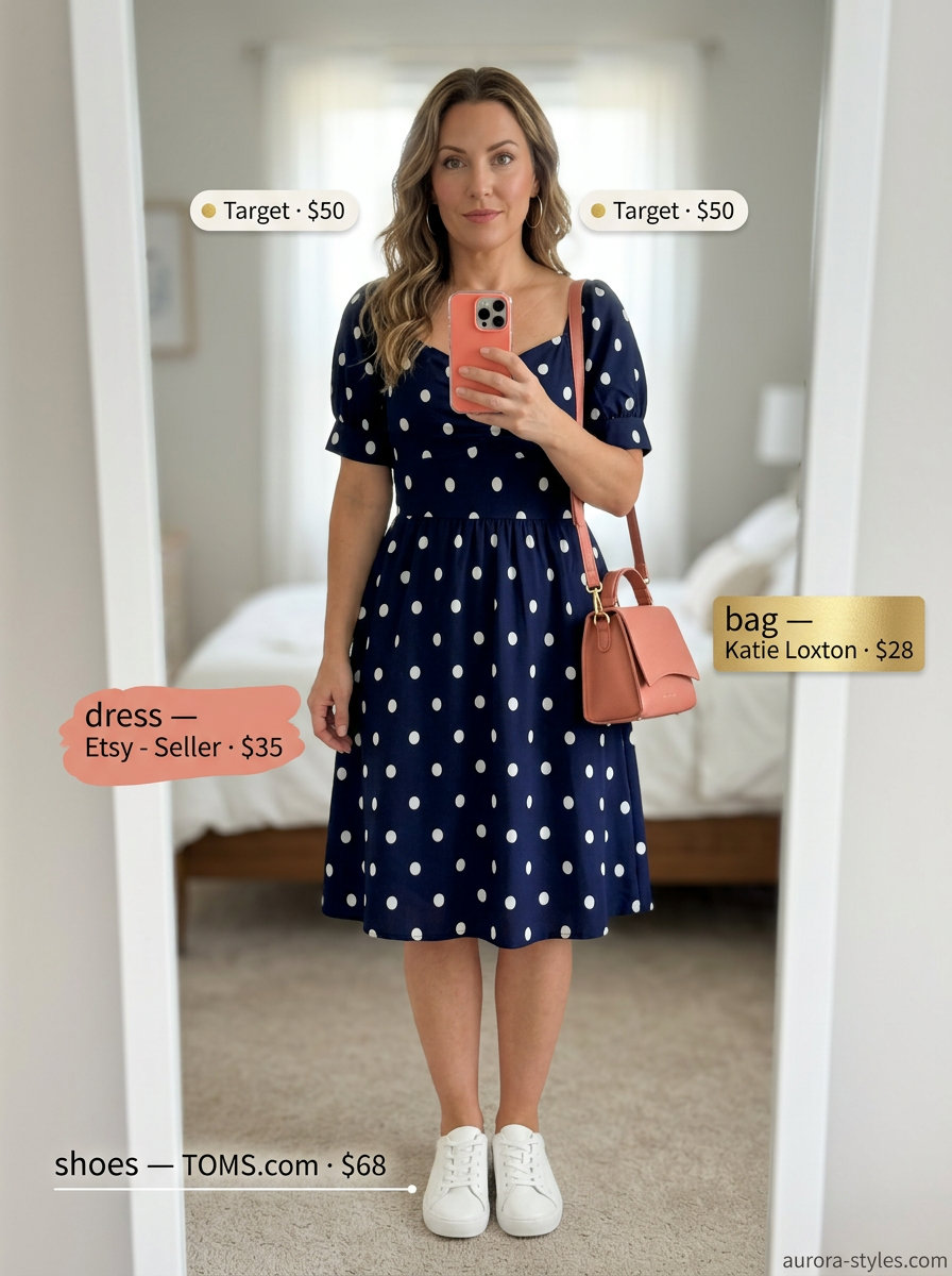 Playful navy polka dot mini dress for apple shape summer 2026. White sneakers, coral crossbody, gold hoops.