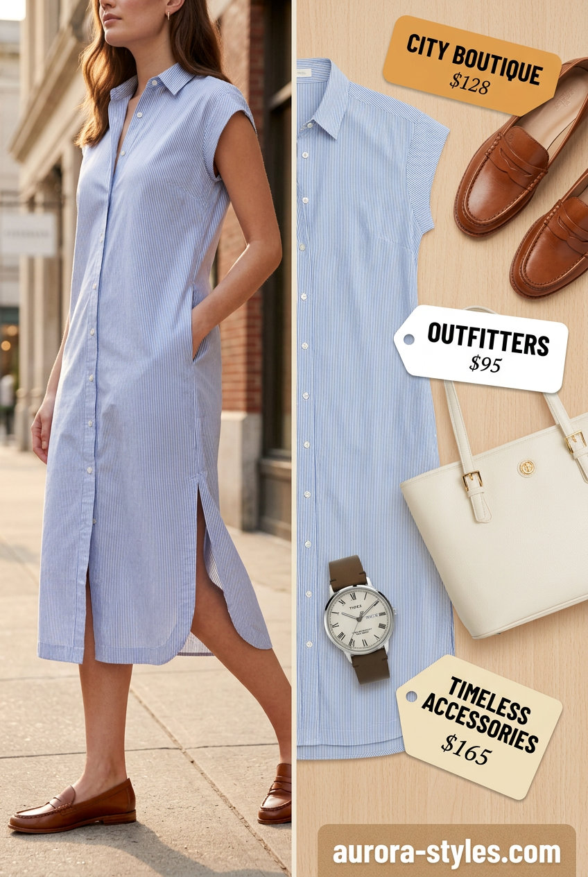 Light blue shirtdress outfit for apple shape summer 2026. White tote, tan loafers, classic watch, travel-ready.