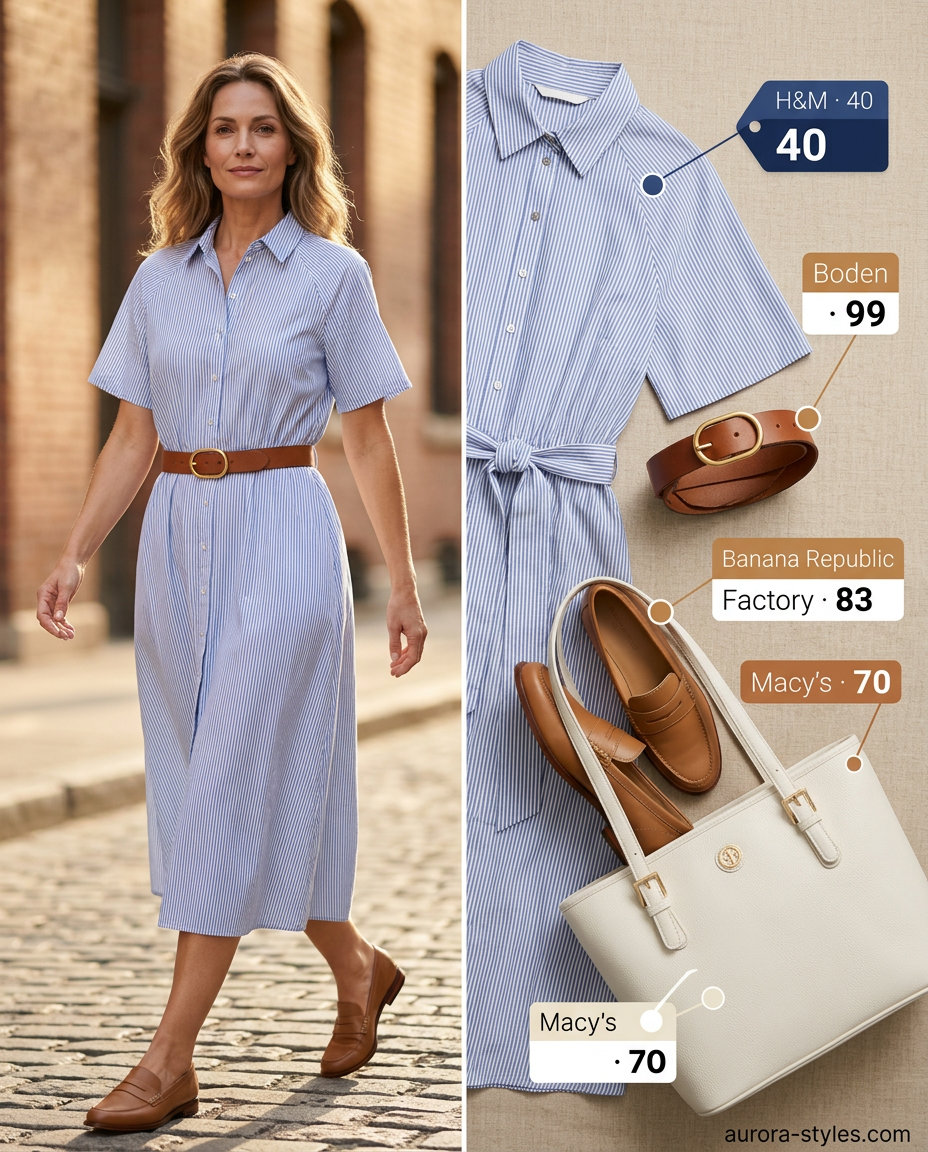 Effortless light blue shirtdress for apple shape summer 2026. Tan belt, loafers, structured tote, WFH.