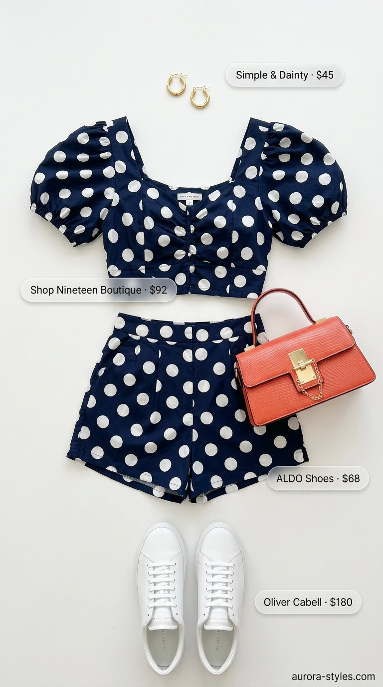 Best Summer outfits for Apple figure summer Shape 2026: Navy polka dot shorts set, sneakers, top-handle bag, gold hoops.