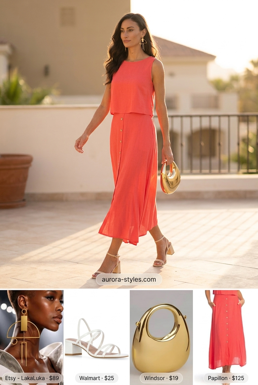 Best Summer outfits for Apple figure summer Shape 2026: Coral midi skirt set, block heel sandals, structured bag, gold earrings.