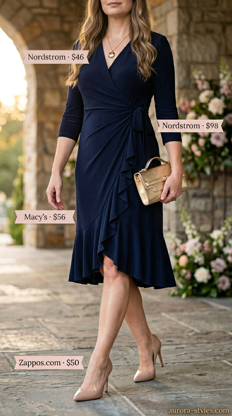 Best Summer outfits for Apple figure summer Shape 2026: Navy wrap dress, nude pumps, gold clutch, and pendant necklace.