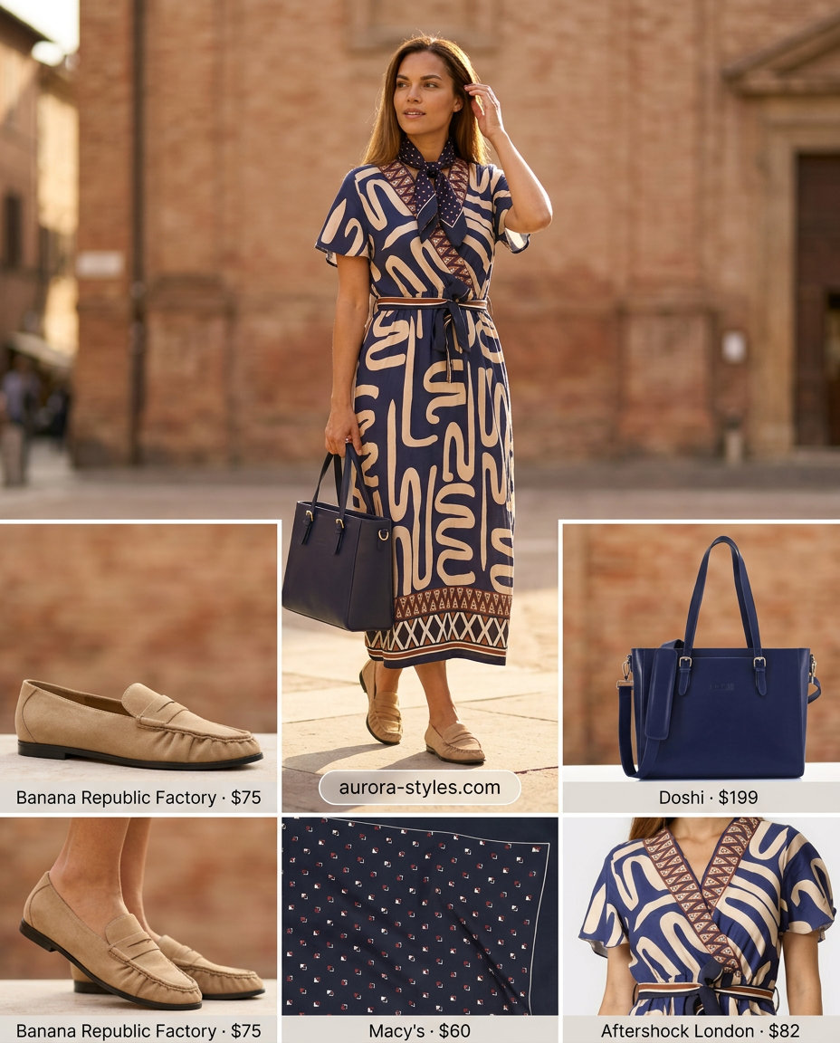 Best Summer outfits for Apple figure summer Shape 2026: Navy abstract wrap dress, silk scarf, structured tote, and loafers.