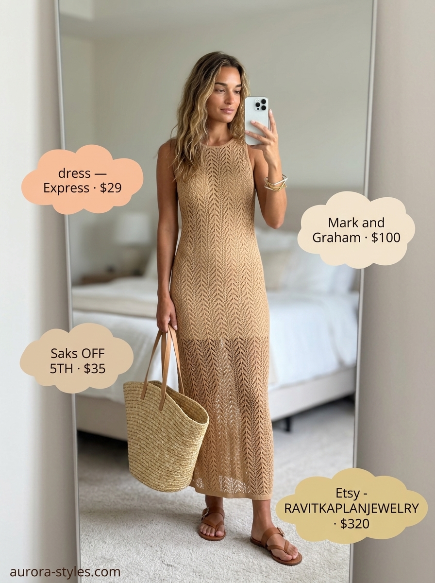 Boho summer flowy maxi dresses 2026: Sandy beige cotton gauze maxi dress with crochet trim for beach day.