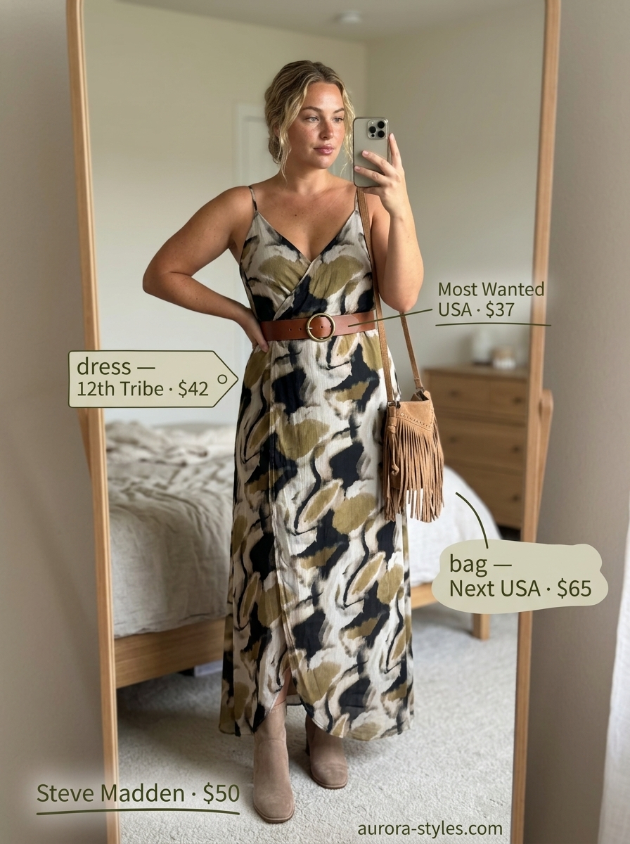 Forest green boho summer flowy maxi dress 2026 with tan boots & fringe bag for daytime.