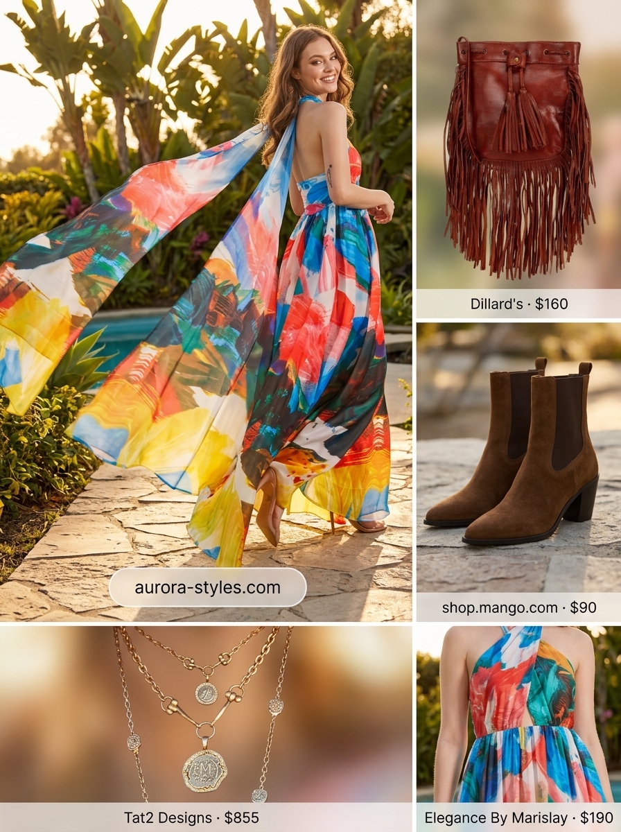 Multi-color boho summer flowy maxi dress 2026 with suede boots & fringe bag for festivals.