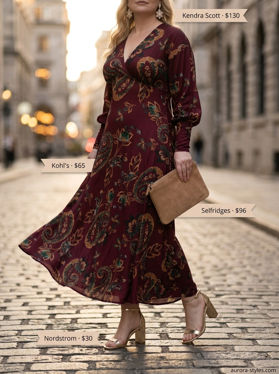 Boho summer flowy maxi dresses 2026: Deep burgundy paisley chiffon dress with gold heels for an elegant evening out.