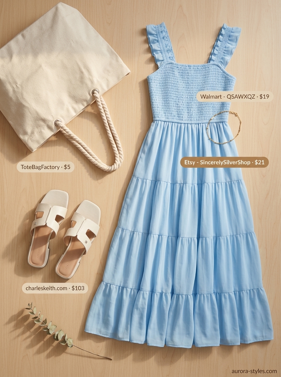 Sky blue boho summer flowy maxi dress 2026 with white sandals & canvas tote for beach.