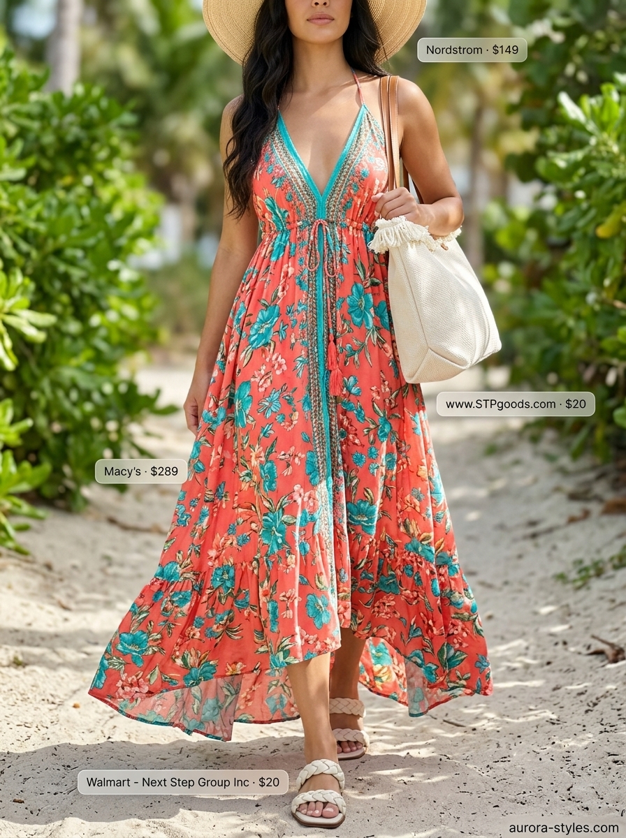 Boho summer flowy maxi dresses 2026: Coral teal geometric print dress for a beach vacation.